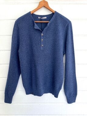QOR 100% Cashmere Waffleknit Henley in Blue - NWT - S